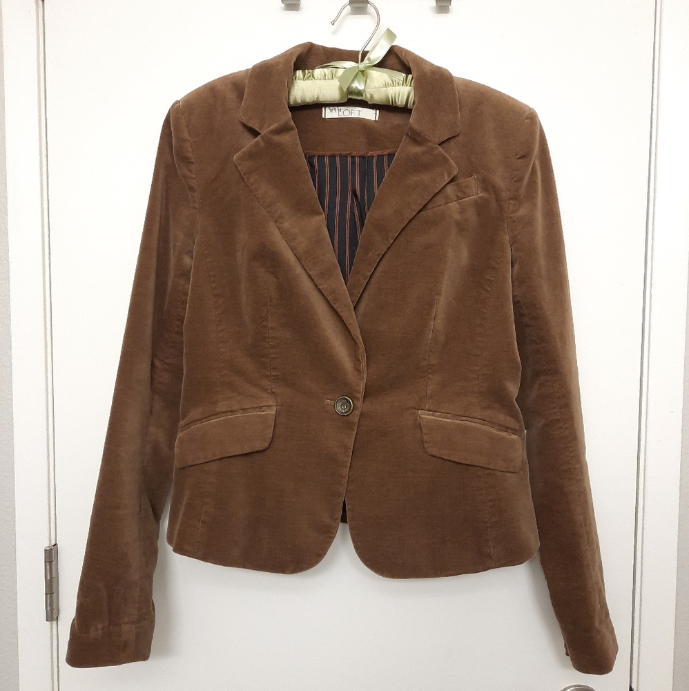Loft - Brown Velvet One Button Blazer with Striped Lining